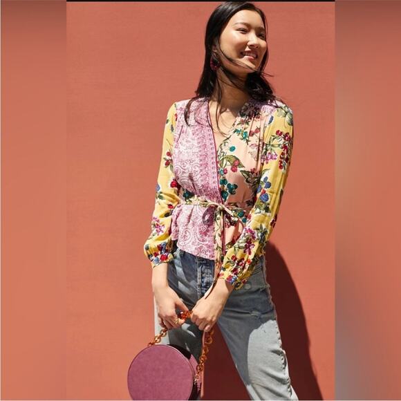 Anthropologie Tops - Anthropologie Meadow Rue yellow pink mixed floral wrap front top size 6